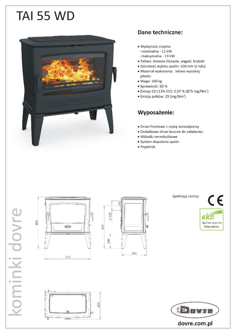 DOVRE PIEC WOLNOSTOJĄCY TAI 55 WD DOVRE PIEC WOLNOSTOJĄCY TAI 55 WD