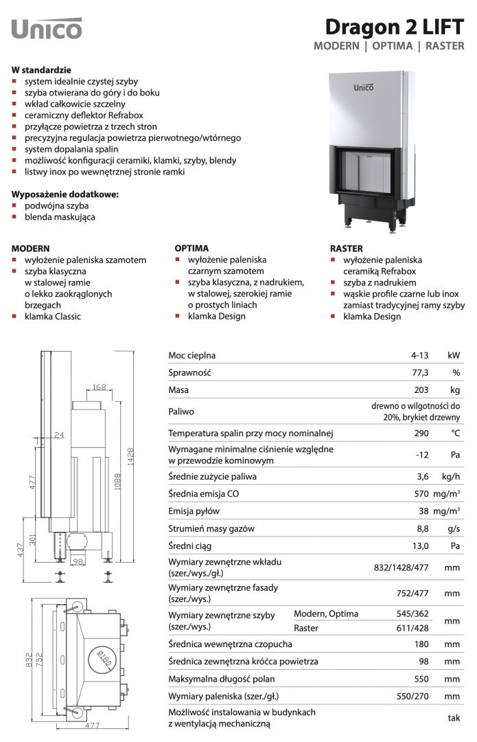 UNICO WKŁAD KOMINKOWY DRAGON 2 LIFT OPTIMA UNICO WKŁAD KOMINKOWY DRAGON 2 LIFT OPTIMA