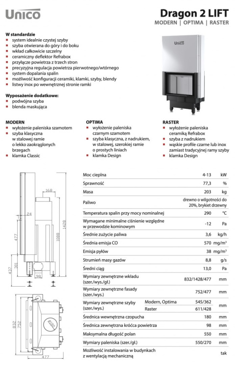 UNICO WKŁAD KOMINKOWY DRAGON 2 LIFT OPTIMA UNICO WKŁAD KOMINKOWY DRAGON 2 LIFT OPTIMA