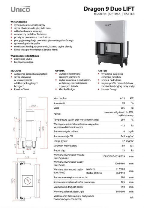 UNICO WKŁAD KOMINKOWY DRAGON 9 DUO LIFT RASTER UNICO WKŁAD KOMINKOWY DRAGON 9 DUO LIFT RASTER