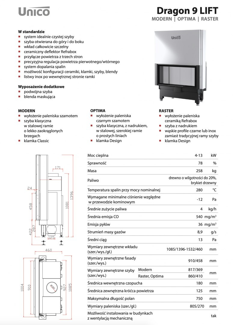 UNICO WKŁAD KOMINKOWY DRAGON 9 LIFT RASTER UNICO WKŁAD KOMINKOWY DRAGON 9 LIFT RASTER