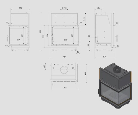 KRATKI WKŁAD KOMINKOWY ZUZIA PW 12 DECO PRAWY/LEWY